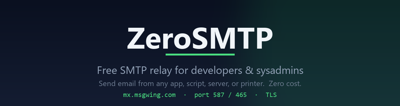 ZeroSMTP — free SMTP relay for developers and sysadmins, mx.msgwing.com, port 587/465, TLS