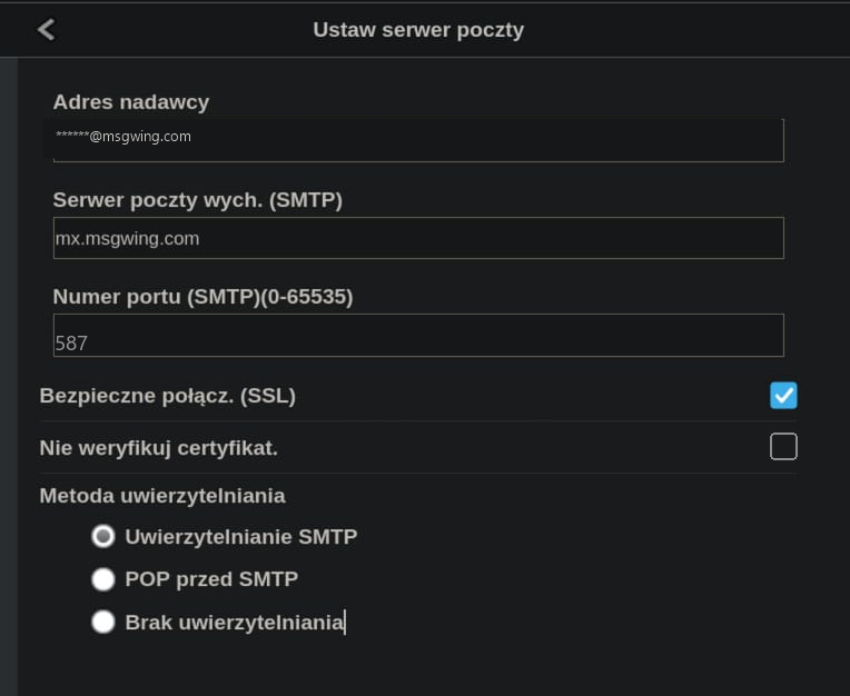 Canon Maxify MB2755 mail server settings on port 587 (recommended default; certificate verification stays enabled), sender address redacted
