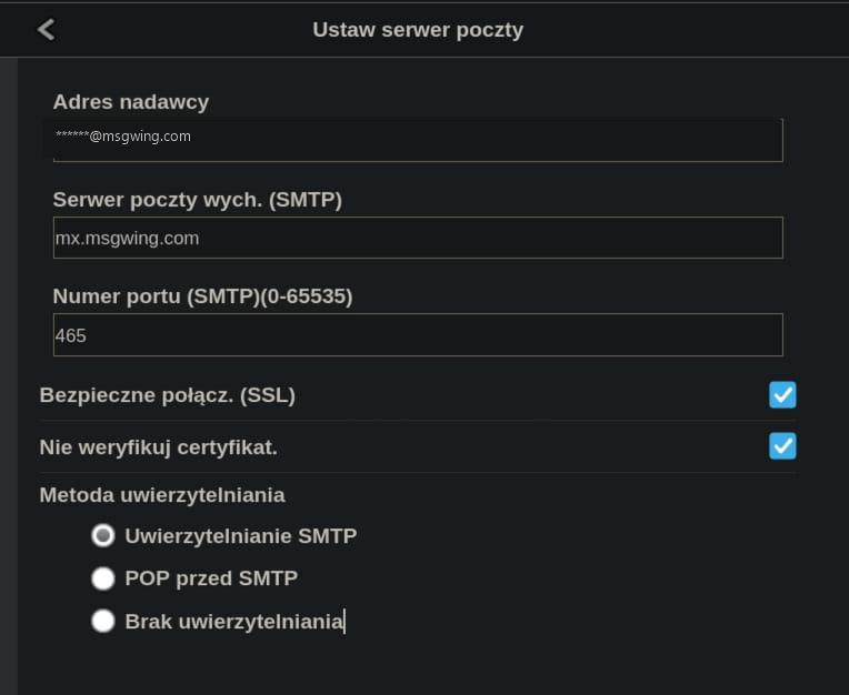 Canon Maxify MB2755 mail server settings with certificate verification disabled — the setting that actually matters here, regardless of port number, sender address redacted